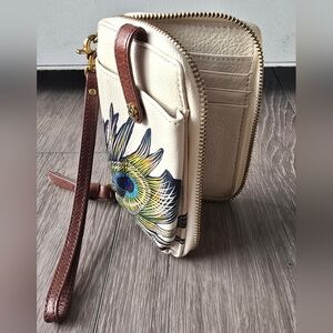 Elliott Lucca Leather Zip Wallet Hand Painted Peacock Feather Cream Tan